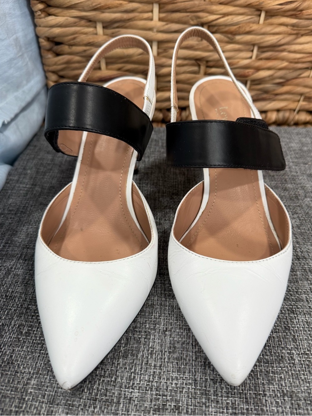 Lewit White Pointed Slingback Kitten Heels with Black Strap